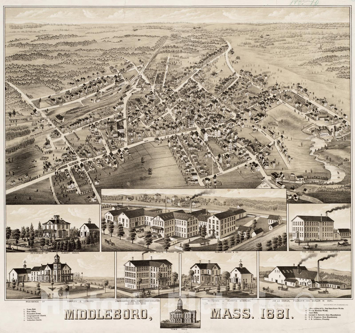 Historical Map, Middleboro, Mass, 1881, Vintage Wall Art