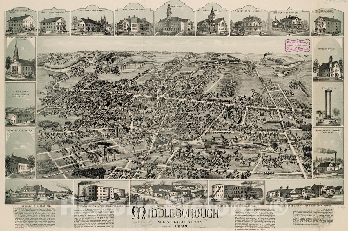 Historical Map, Middleborough, Massachusetts : 1889, Vintage Wall Art