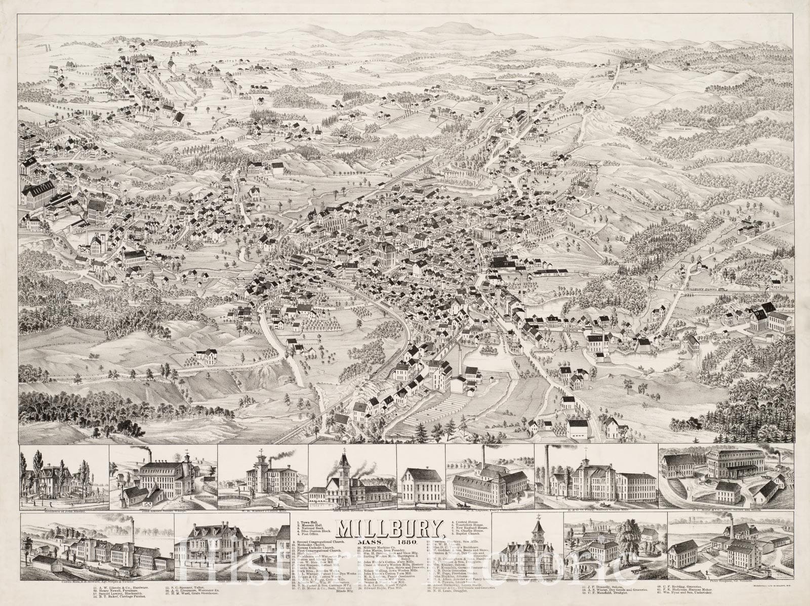 Historical Map, Millbury, Mass, 1880, Vintage Wall Art