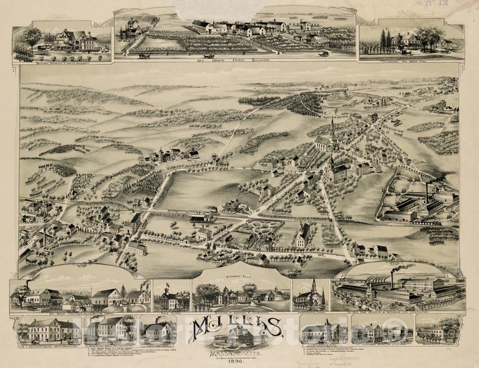 Historical Map, Millis, Massachusetts : 1890, Vintage Wall Art