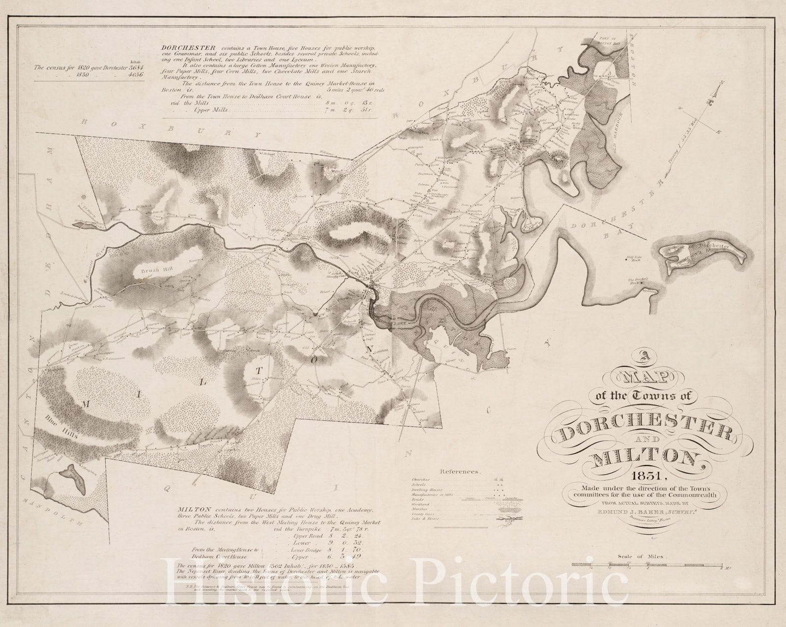 Historical Map, A map of The Towns of Dorchester and Milton, 1831, Vintage Wall Art