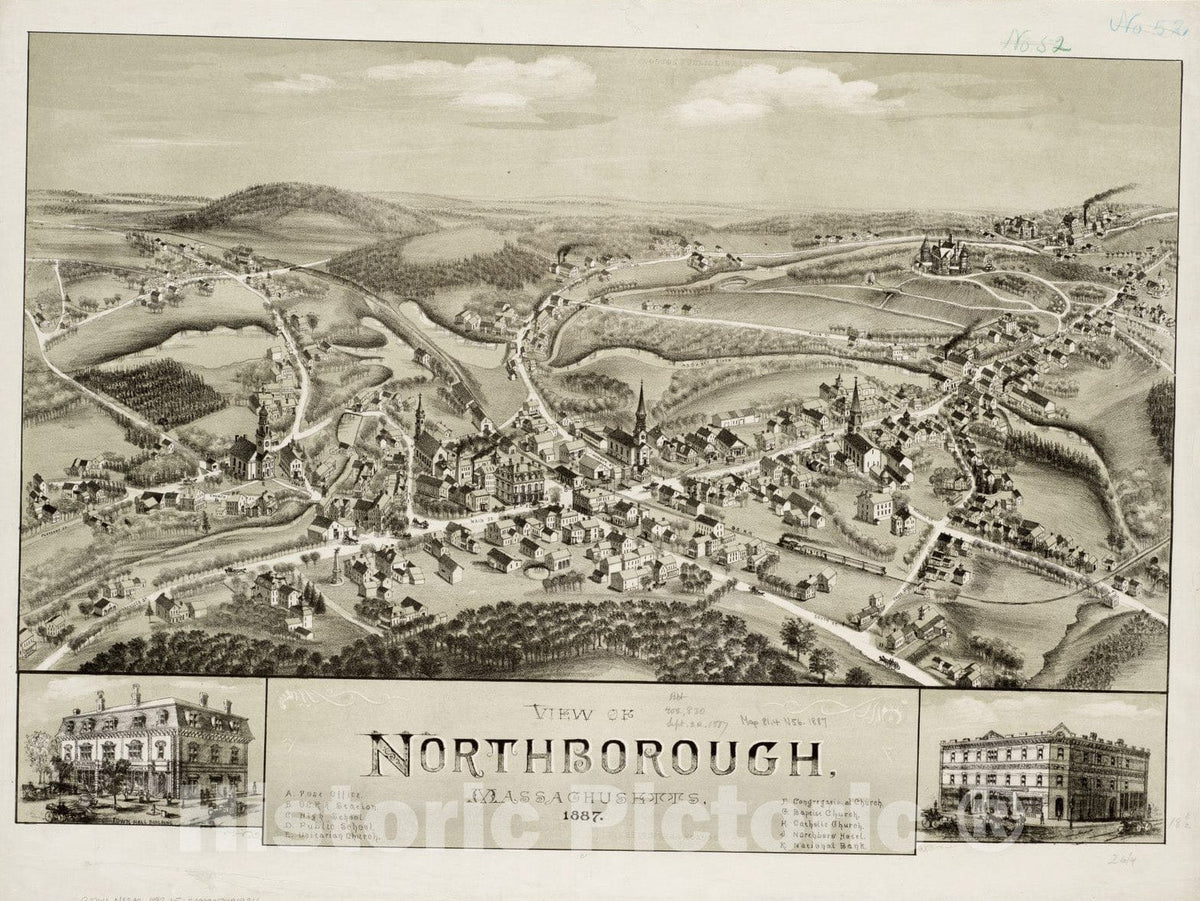 Historical Map, View of Northborough, Massachusetts : 1887, Vintage Wall Art