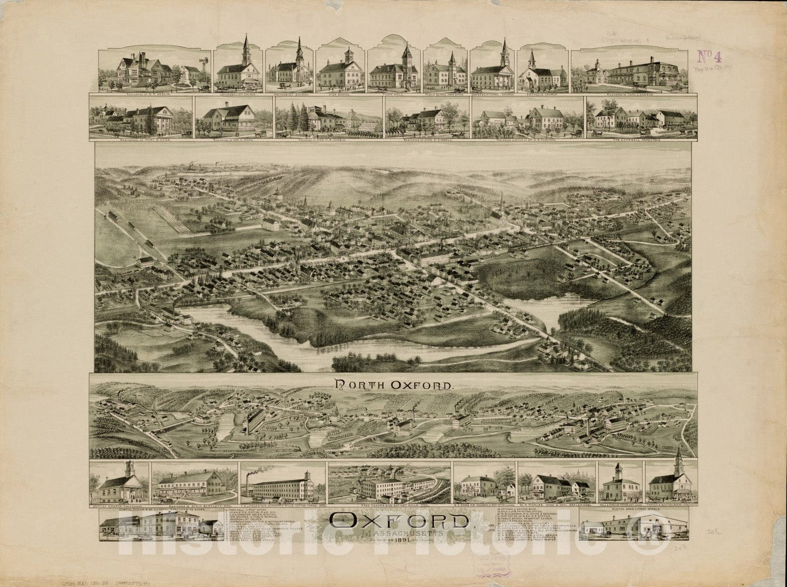 Historical Map, Oxford, Massachusetts : 1891, Vintage Wall Art