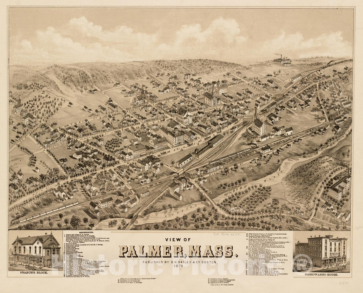 Historical Map, 1879 View of Palmer, Mass, Vintage Wall Art