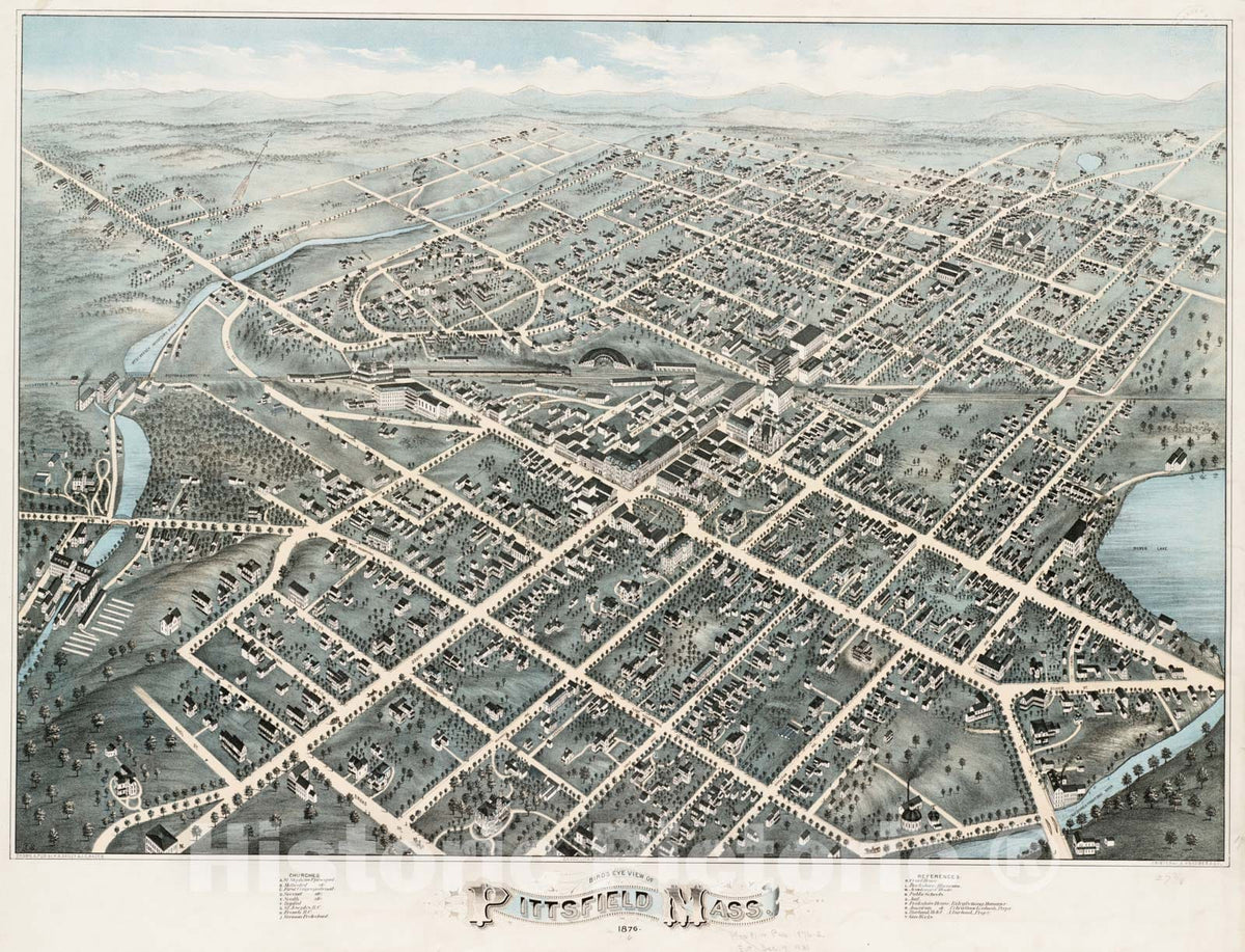 Historical Map, Bird's Eye View of Pittsfield, Mass : 1876, Vintage Wall Art