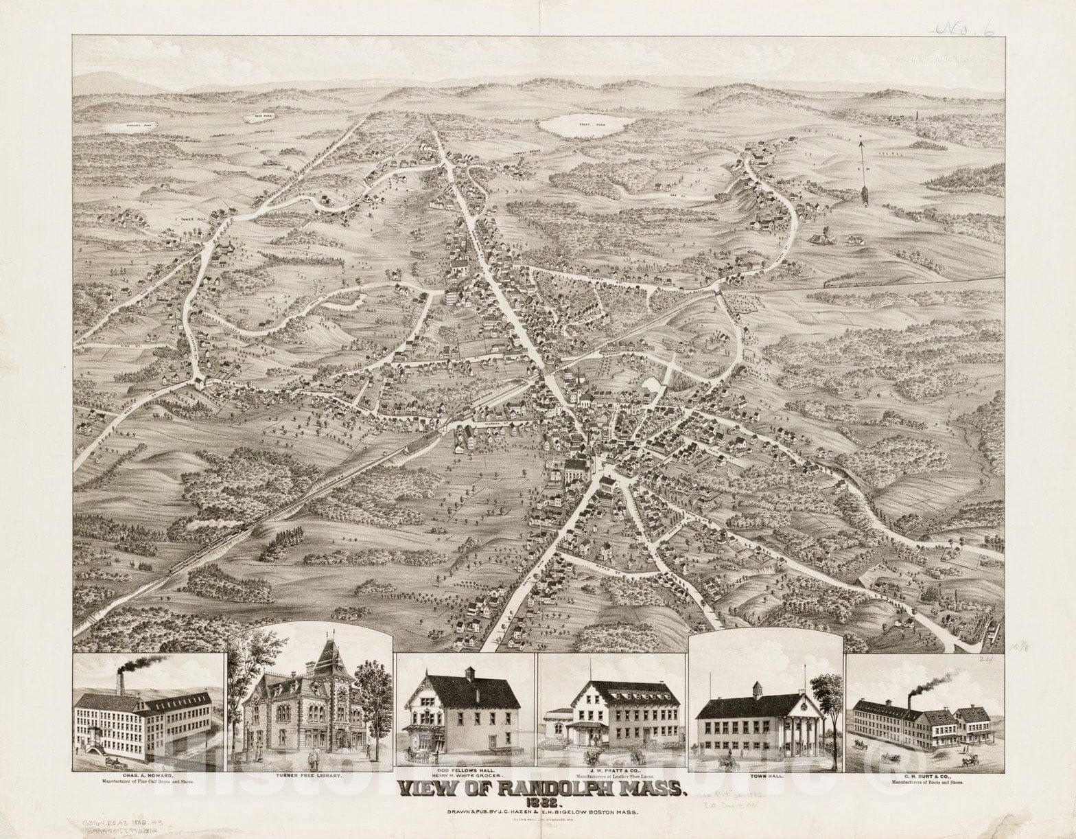 Historical Map, View of Randolph, Mass : 1882, Vintage Wall Art