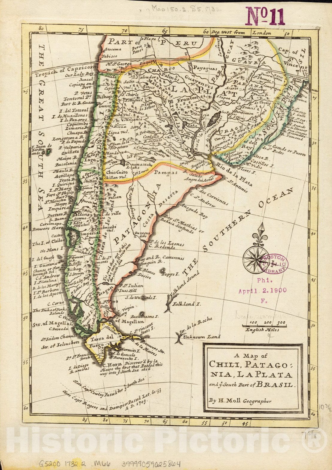 Historical Map, 1732 A map of Chili, Patagonia, La Plata and ye South Part of Brasil, Vintage Wall Art