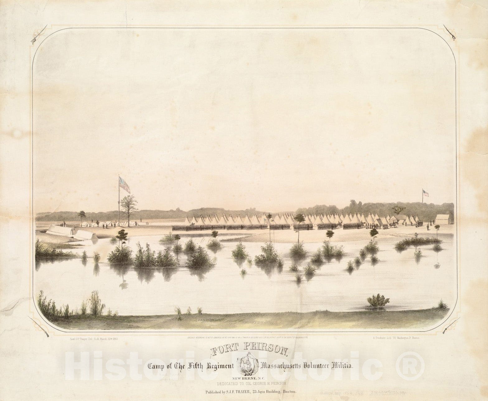 Historical Map, 1863 Fort Peirson [Graphic] : Camp of The Fifth Regiment Massachusetts Volunteer Militia : New Berne, N.C. : Dedicated to Col. George H. Peirson, Vintage Wall Art