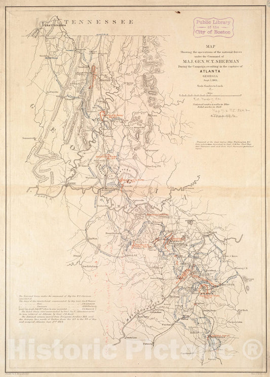 Historical Map, Map Showing The Operations of The National Forces Under The Command of Maj. Gen. W.T. Sherman During The Campaign Resulting in The Capture of Atlanta, Vintage Wall Art