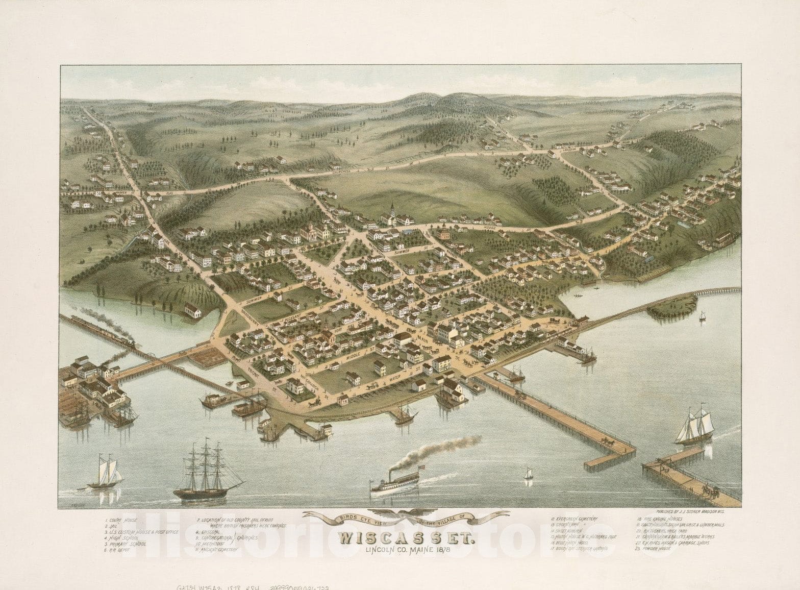 Historical Map, Birds Eye View of The Village of Wiscasset, Lincoln Co, Maine, 1878, Vintage Wall Art