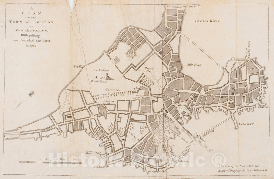 Historical Map, A Plan of The Town of Boston, in New-England, distinguishing That Part which was Burnt in 1760, Vintage Wall Art
