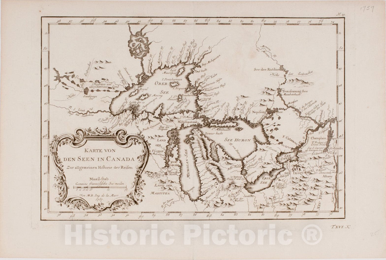 Historical Map, 1757 Karte von den seen in Canada, Vintage Wall Art