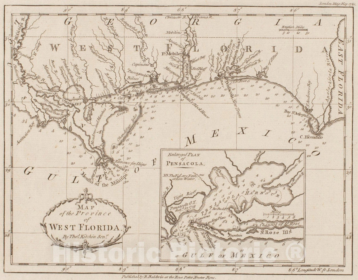 Historical Map, 1781 Map of the province of West Florida, Vintage Wall Art