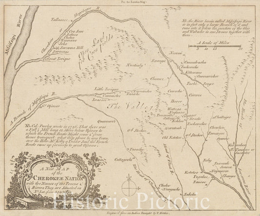 Historical Map, 1760 A New map of The Cherokee Nation : with The Names of The Towns & Rivers They are situated on No. LAT from 34 to 36, Vintage Wall Art