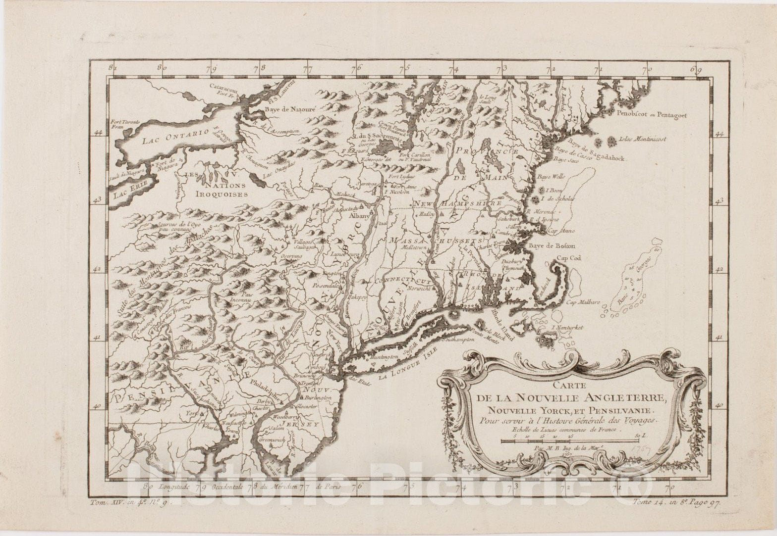 Historical Map, ca. 1757 Carte de la Nouvelle Angleterre, Nouvelle Yorck, et Pensilvanie. : Pour servir a l'Histoire generale des Voyages, Vintage Wall Art