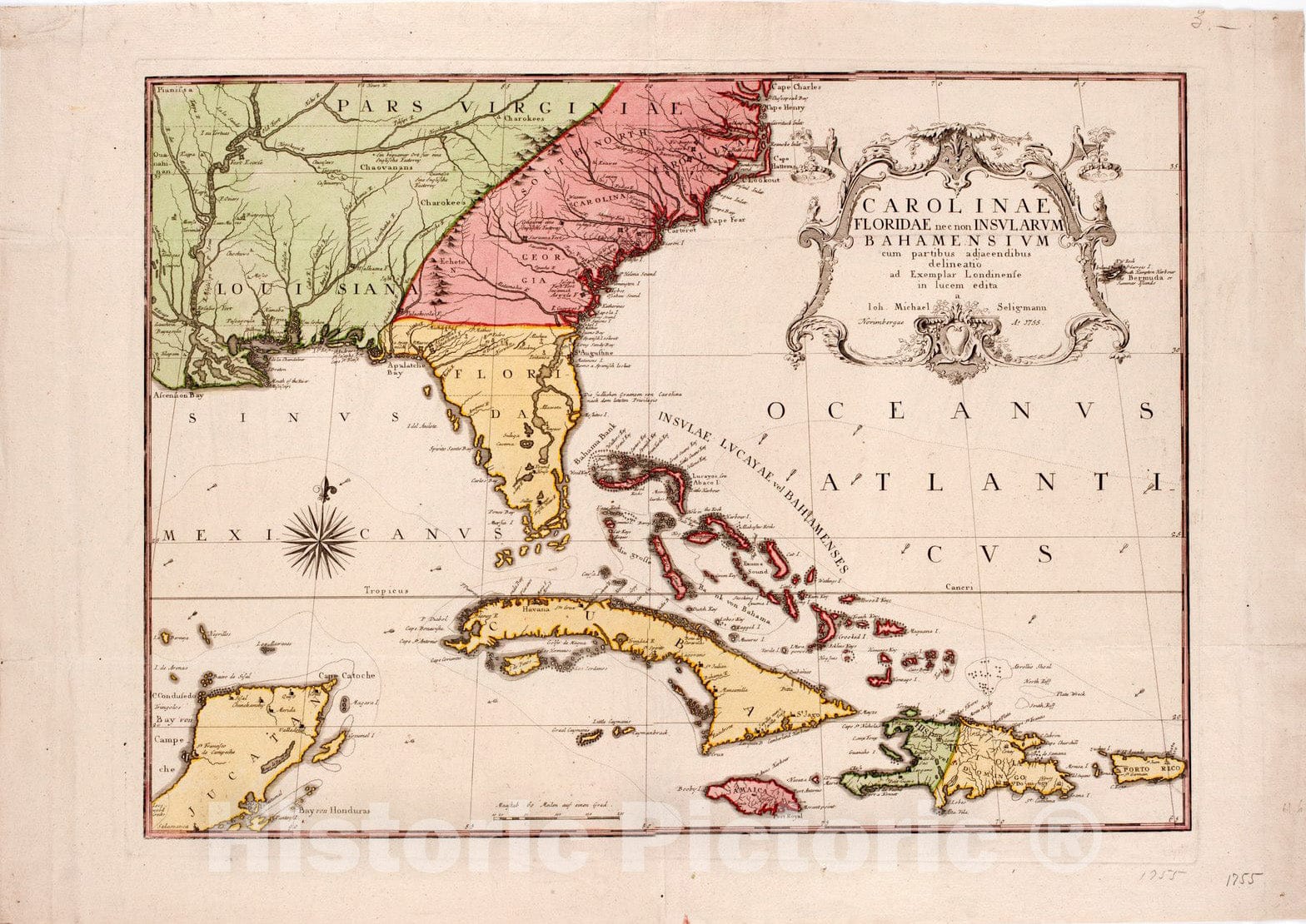 Historical Map, Carolinae Floridae nec non insularum Bahamensium : cum partibus adjacendibus delineatio ad Exemplar Londinense in lucem edita a Joh. Michael Seligmann, Vintage Wall Art