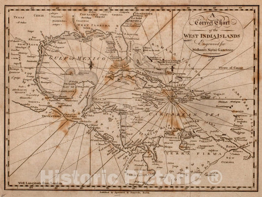 Historical Map, 1797 A Correct chart of the West India islands : engraved for Malham's naval gazetteer, Vintage Wall Art