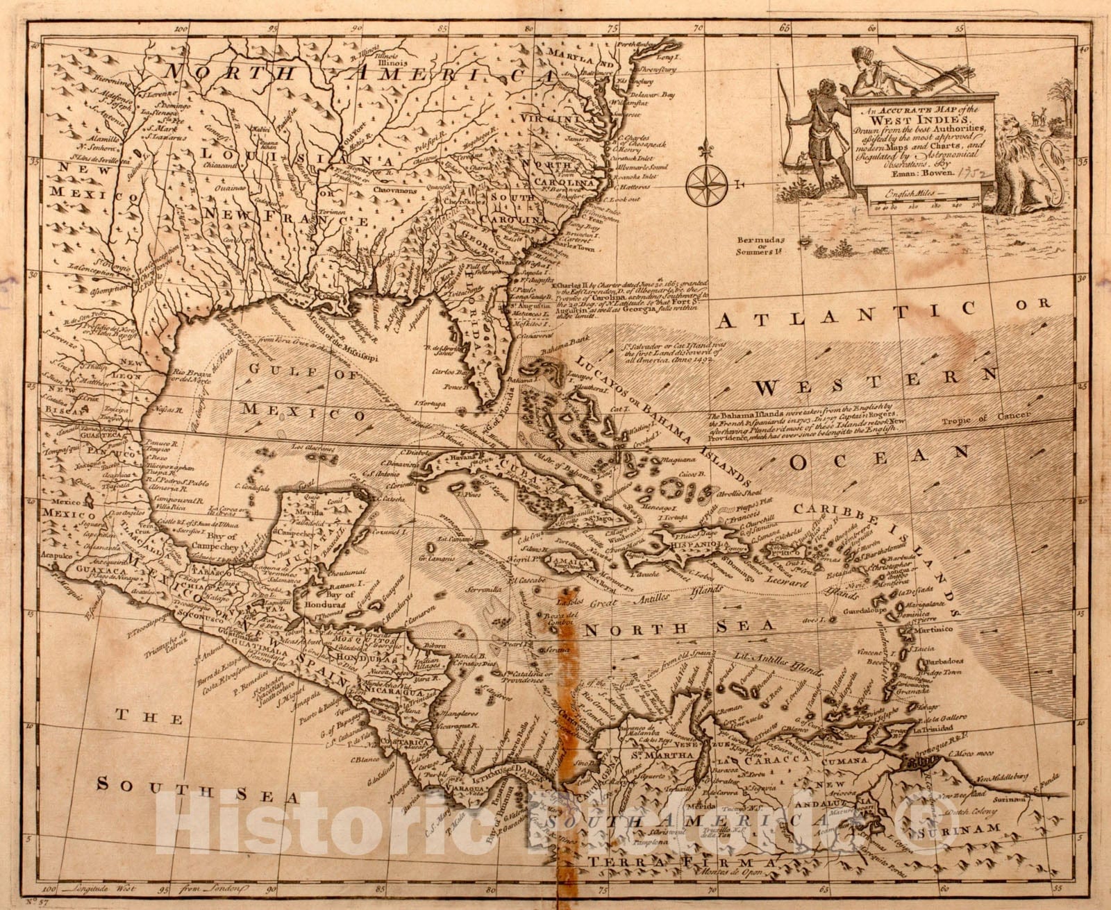 Historical Map, 1752 an Accurate map of The West Indies, Vintage Wall Art