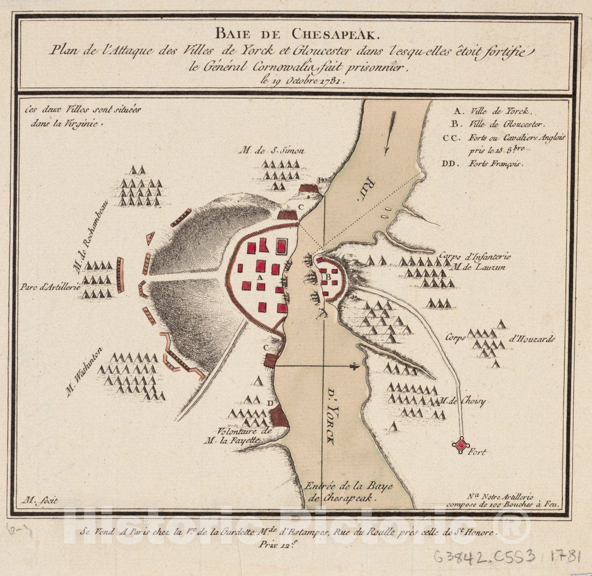 Historical Map, 1781 Chesapeak Bay: Plan of The Attack of The Cities of Yorck and Gloucester 1781, Vintage Wall Art
