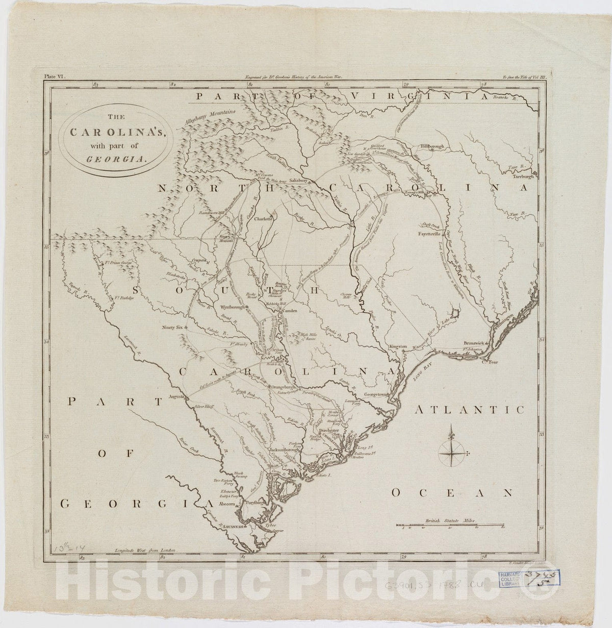 Historical Map, 1788 The Carolina's with Part of Georgia, Vintage Wall Art