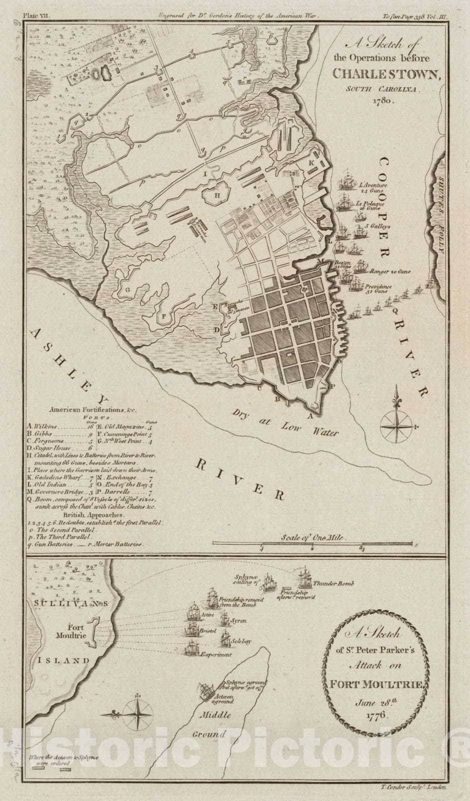 Historical Map, A Sketch of The Operations Before Charlestown, South Carolina, 1780. A Sketch of Sr. Peter Parker's Attack on Fort Moultrie, June 28th, 1776, Vintage Wall Art