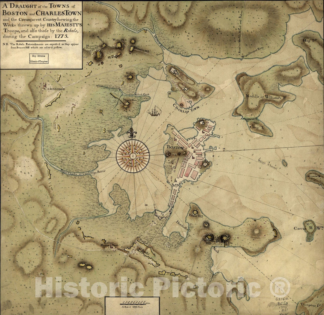Historical Map, A draught of the towns of Boston and Charles Town and the circumjacent country : shewing the works thrown up by His Majesty's troops, Vintage Wall Art