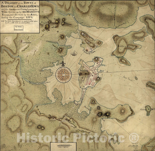 Historical Map, A draught of the towns of Boston and Charles Town and the circumjacent country : shewing the works thrown up by His Majesty's troops, Vintage Wall Art