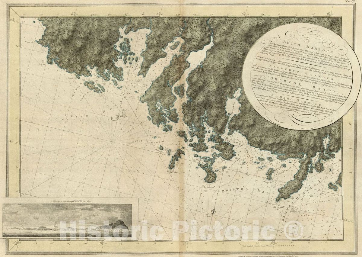 Historical Map, 1781 Leith Harbour ; Prospect Harbour ; Bristol Bay ; Sambro Harbour, Vintage Wall Art