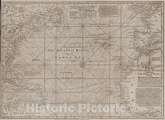 Historical Map, 1755 A New Chart of The vast Atlantic Ocean, Vintage Wall Art