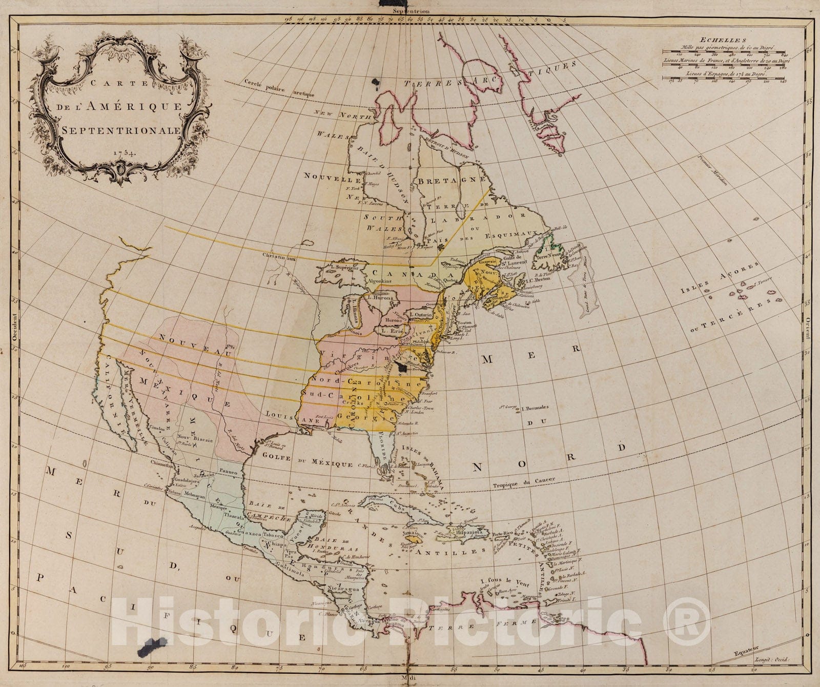 Historical Map, Carte de l'Amerique septentrionale, 1754, Vintage Wall Art