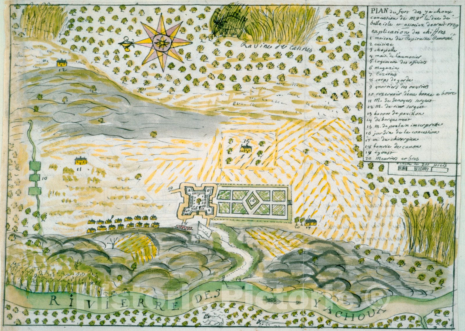 Historical Map, Plan du Fort des Yachoux, Concession de MGR. le duc de Belle Isle et associez, detruit 1729, Vintage Wall Art