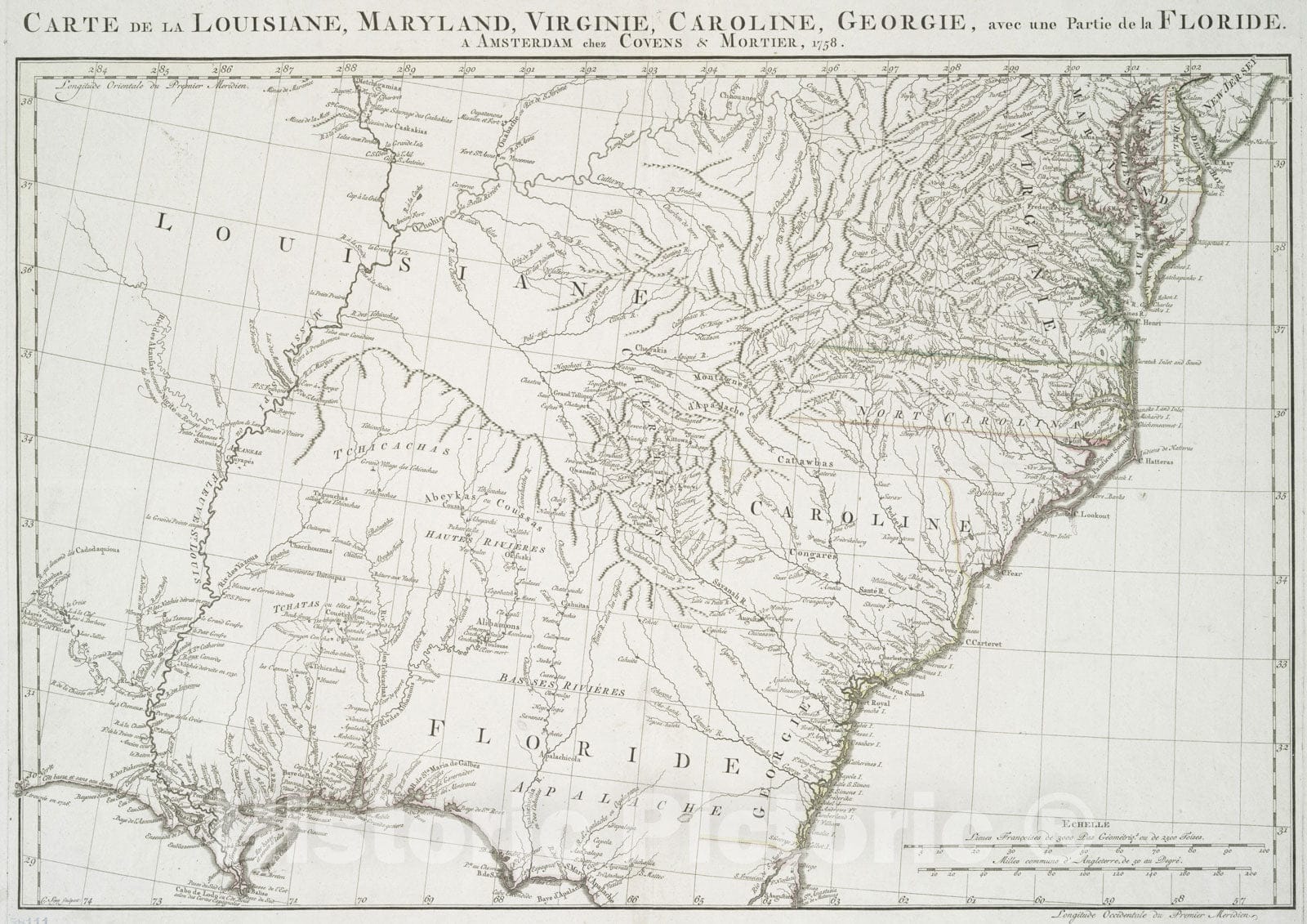 Historical Map, 1758 Carte de la Louisiane, Maryland, Virginie, Caroline, Georgie, avec une partie de la Floride, Vintage Wall Art