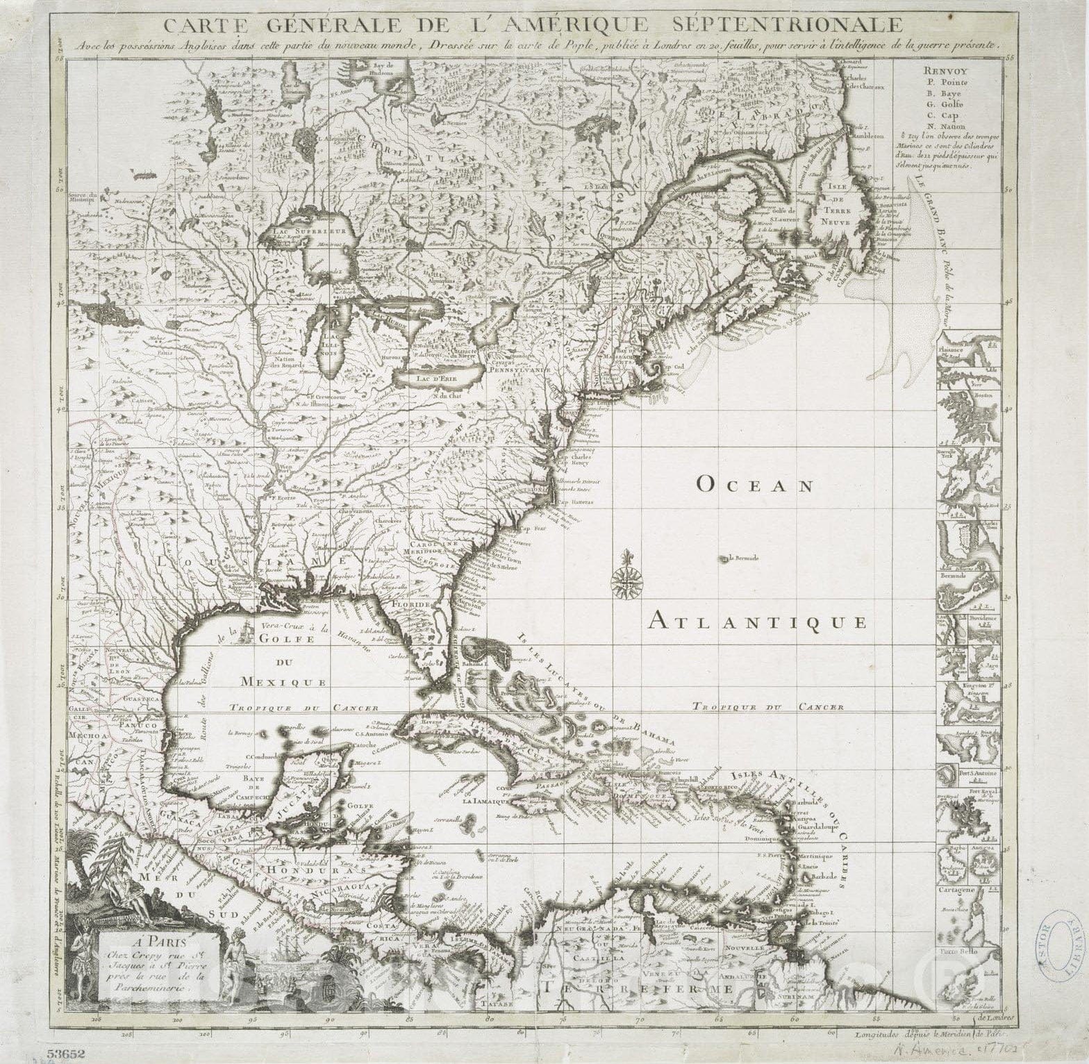 Historical Map, 1755-1763 Carte generale de l'Amerique septentrionale : avec les possessions Angloises dans cette partie du nouveau monde, Vintage Wall Art