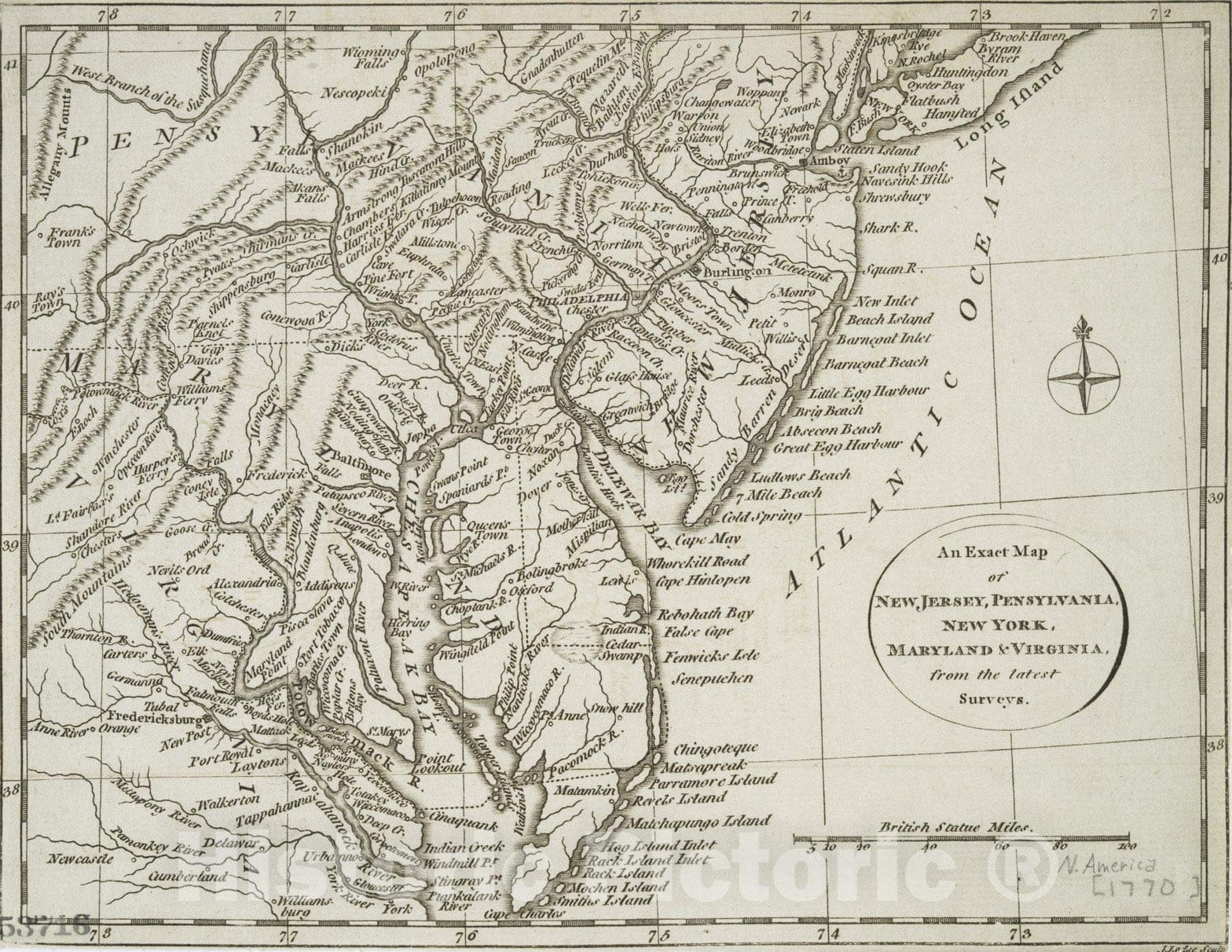 Historical Map, 1778 an Exact map of New Jersey, Pensylvania [sic], New York, Maryland & Virginia, from The Latest surveys, Vintage Wall Art