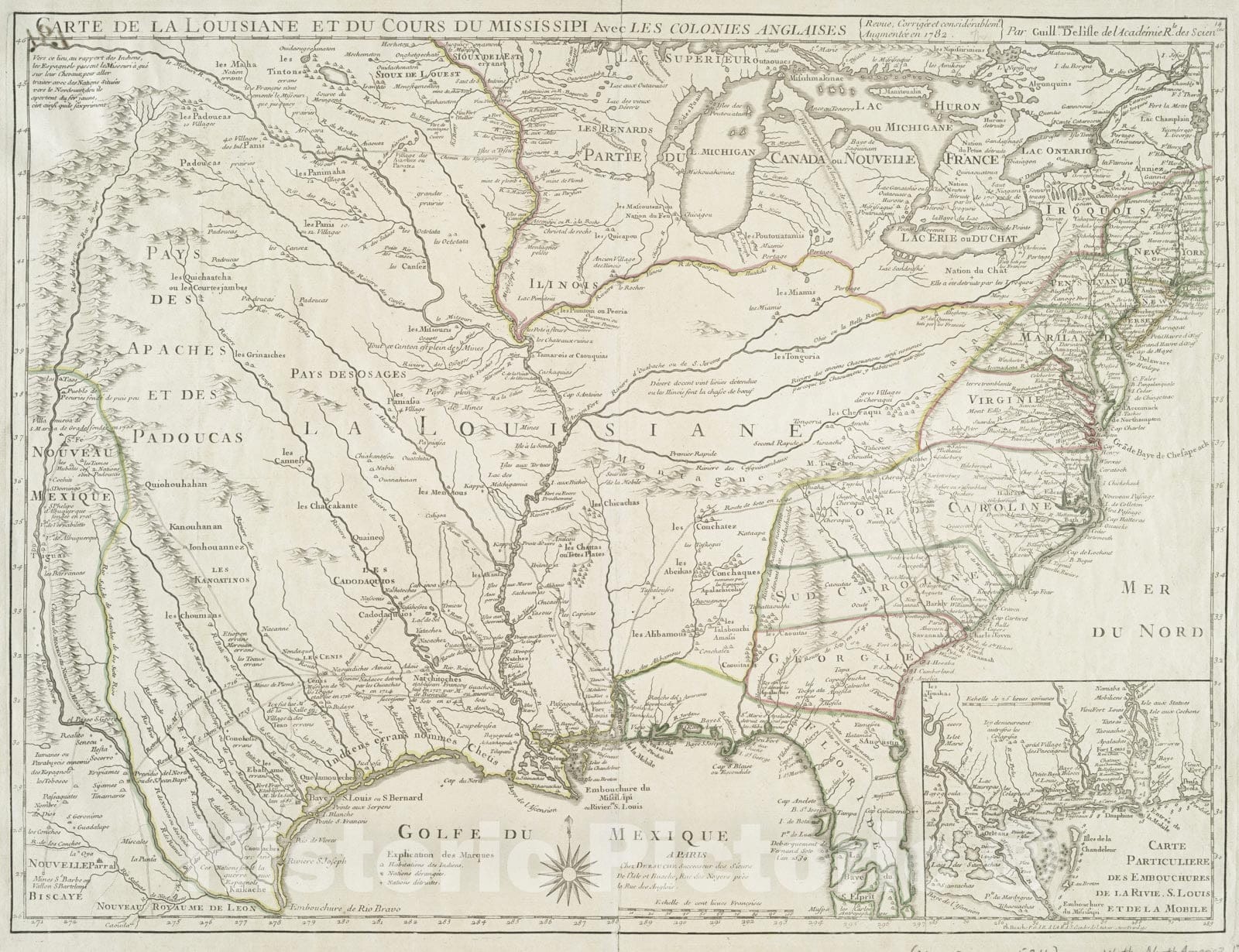 Historical Map, 1782 Carte de la Louisiane et du Cours du Mississipi avec les Colonies anglaises, Vintage Wall Art