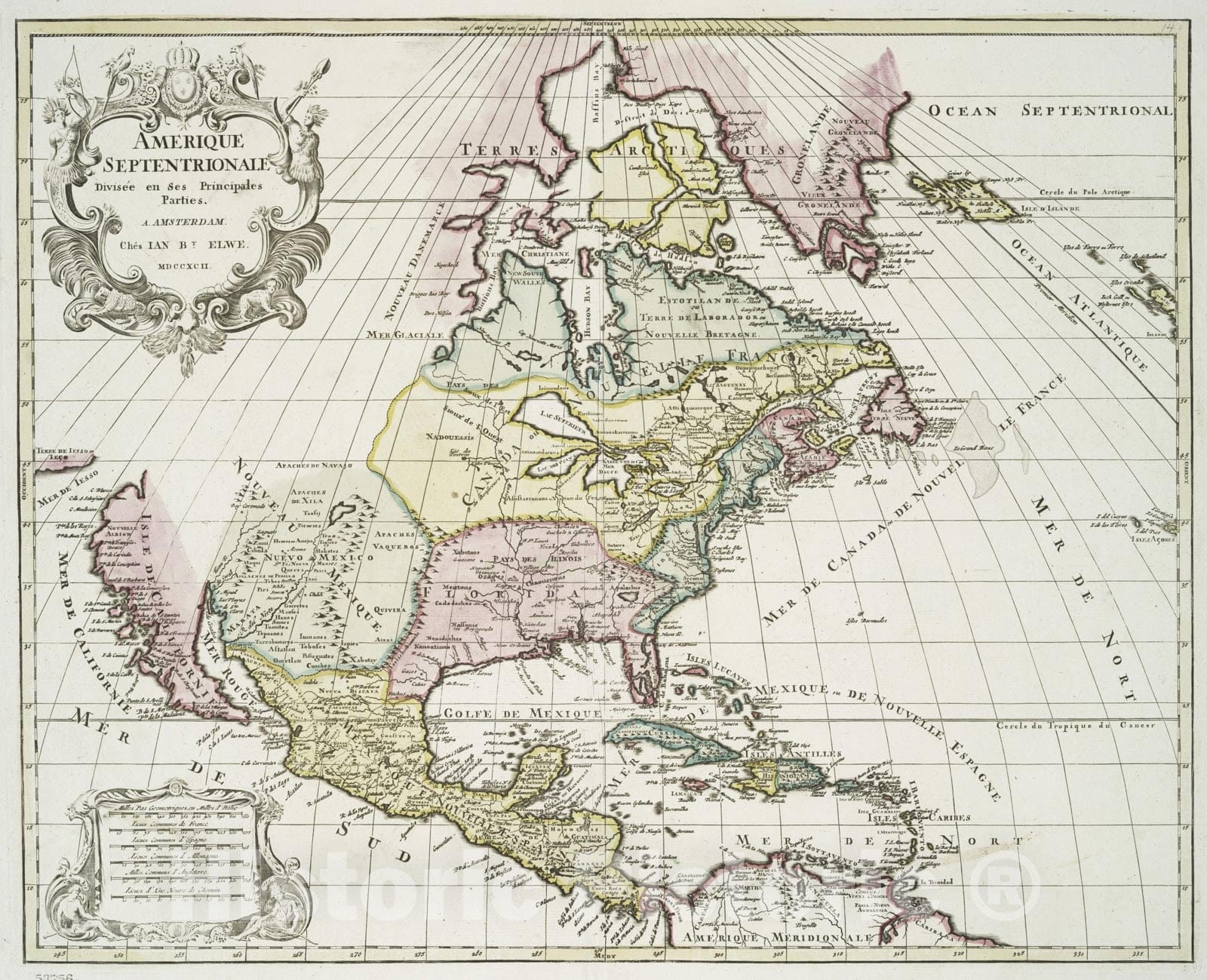 Historical Map, 1792 Amerique septentrionale divisee en SES principales Parties, Vintage Wall Art