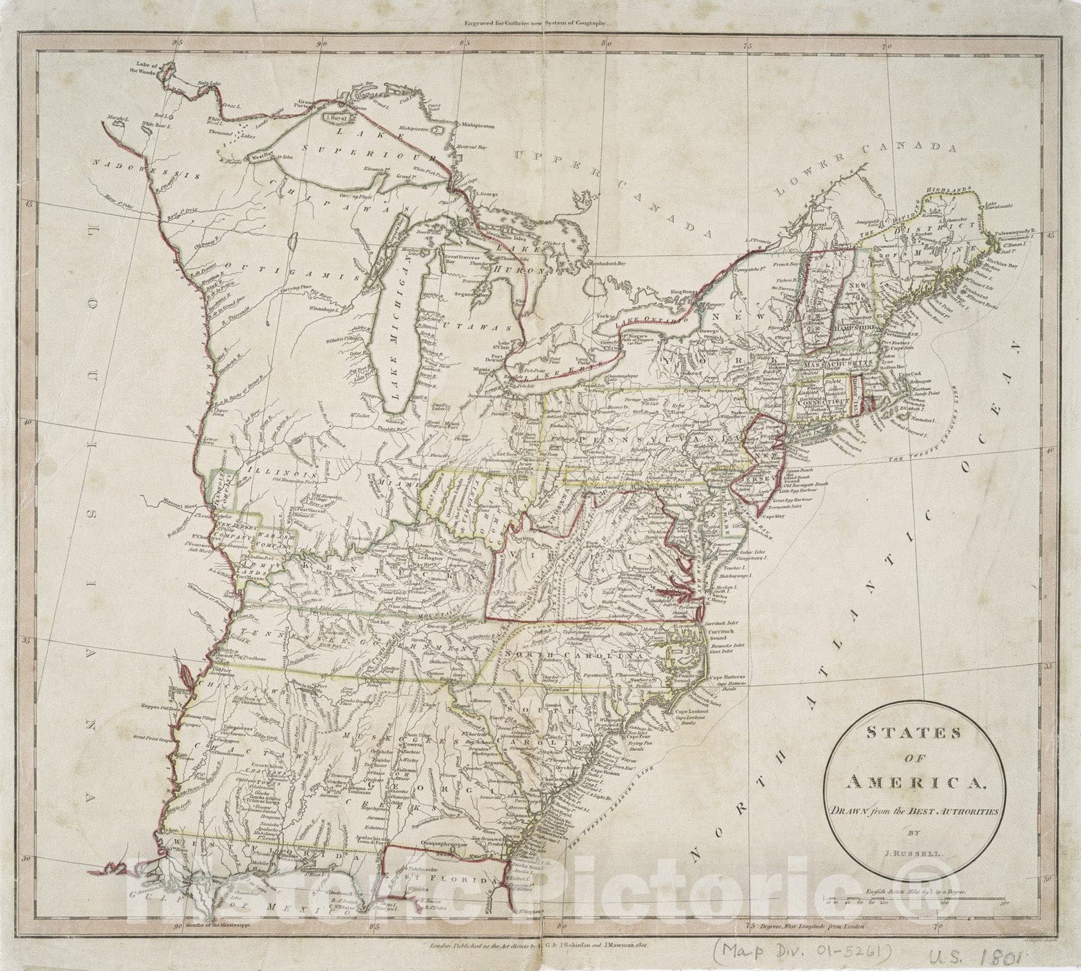 Historical Map, 1801 States of America, Drawn from The Best Authorities, Vintage Wall Art