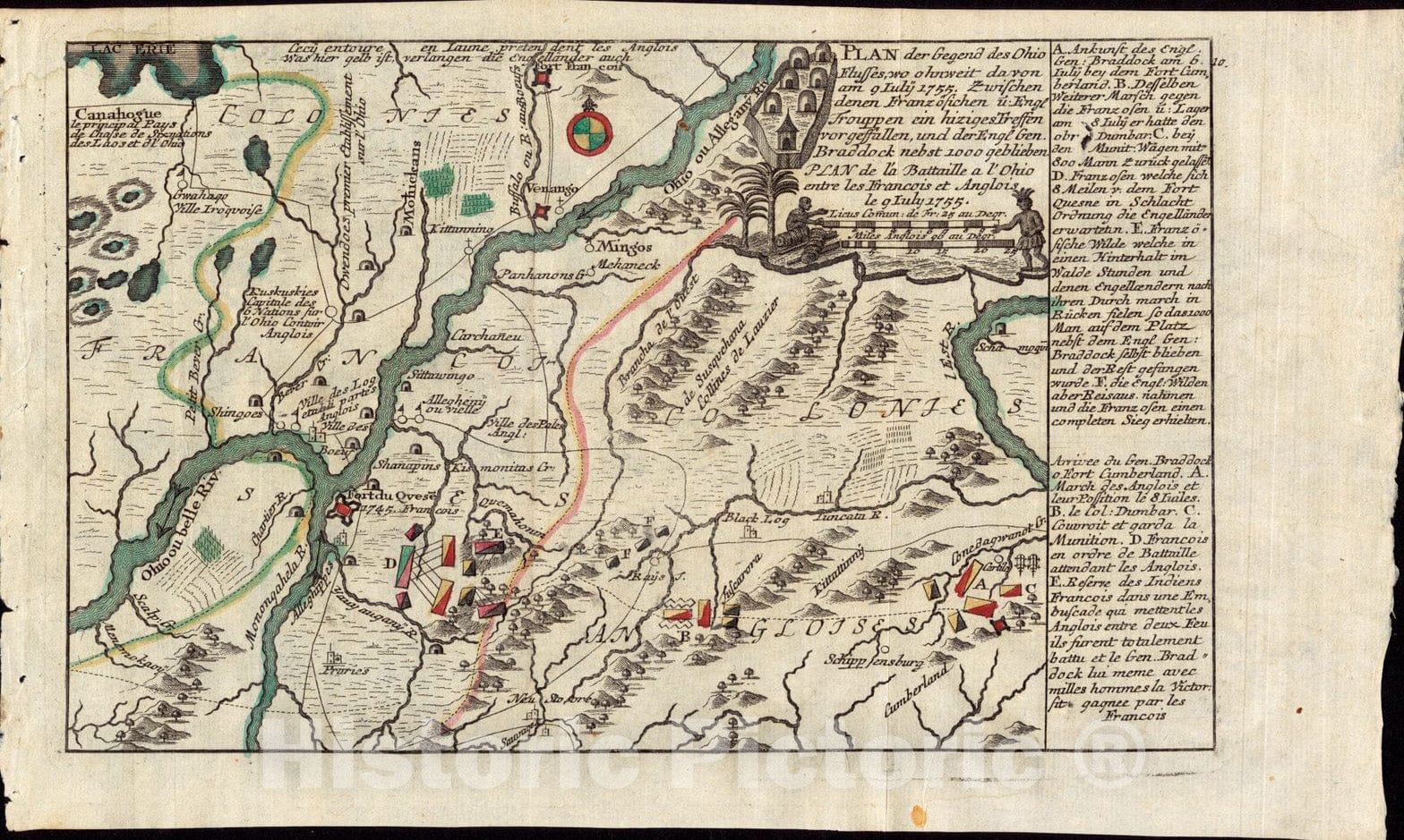 Historical Map, Plan der gegend des Ohio Flusses, wo ohnweit da von am 9 July 1755, zwischen denen Franzofichen u. ENGL trouppen EIN hiziges treffen vorgeffallen, Vintage Wall Art