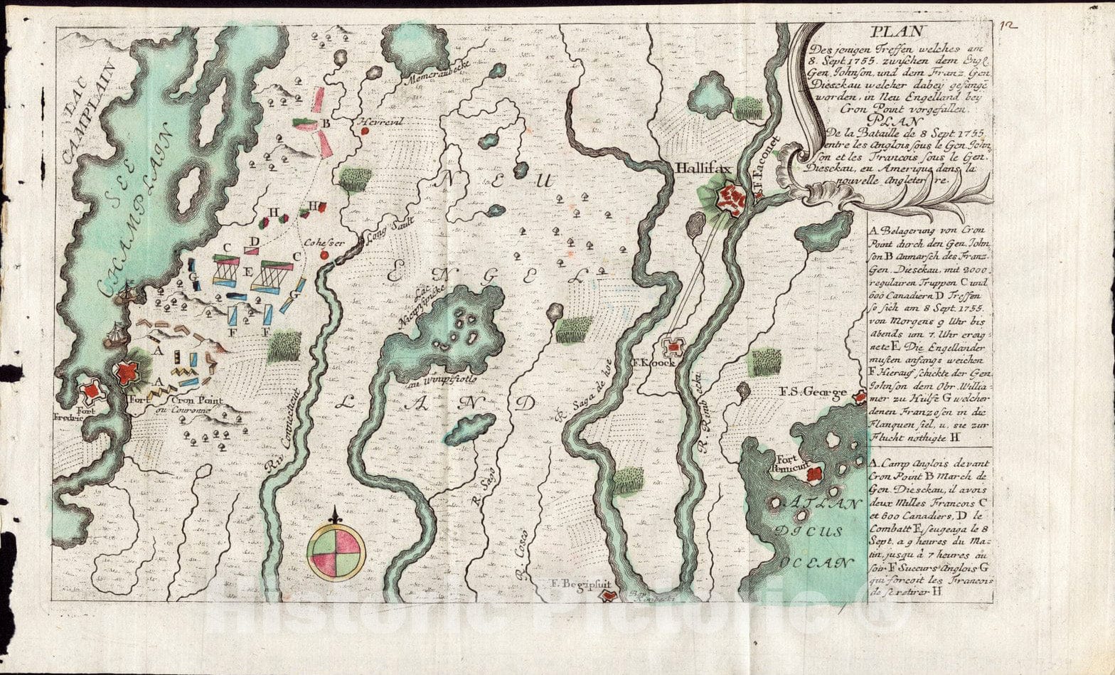 Historical Map, Plan des jenigen treffen welches am 8. Sept 1755. zwischen dem ENGL. Gen. Johnson, und dem Franz. Gen. Diesckau Welcher dabey gefange Worden, Vintage Wall Art