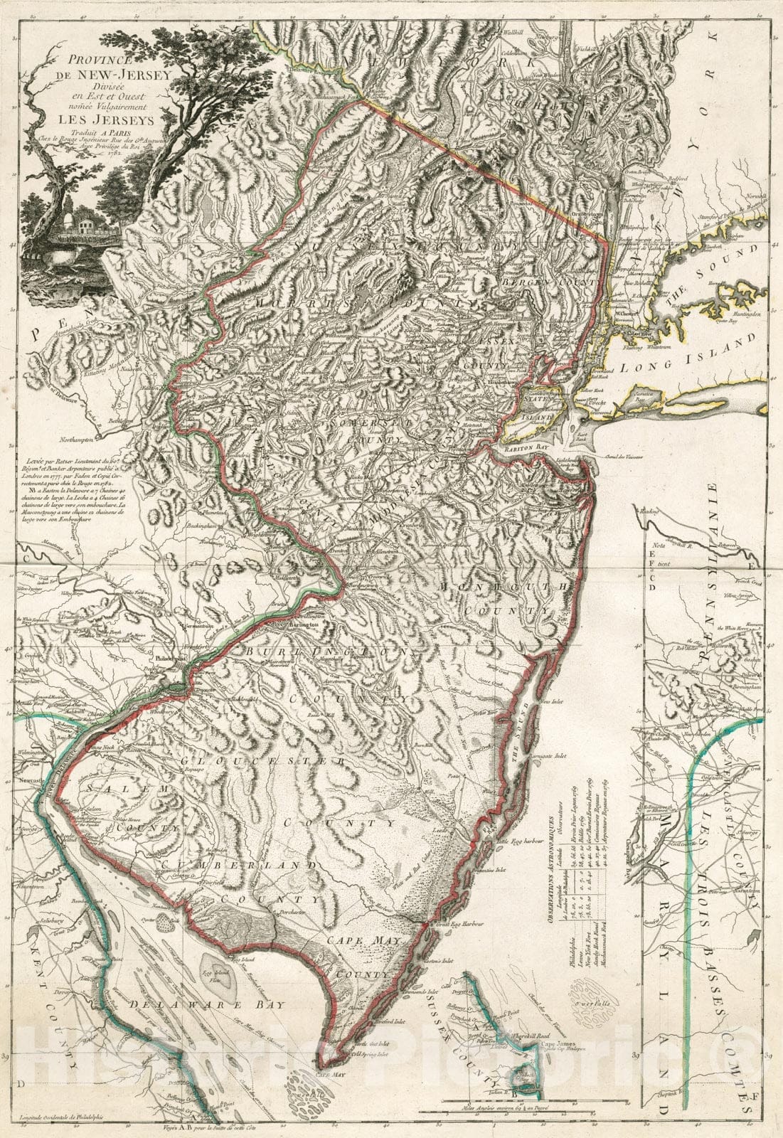 Historical Map, 1782 Province de New-Jersey divisee en est et ouest nomee vulgairement les Jerseys, Vintage Wall Art