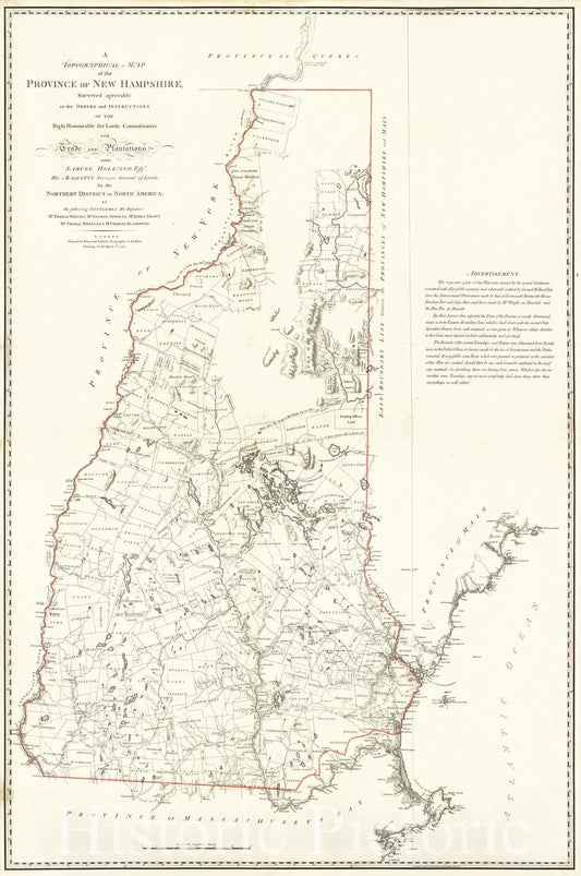 Historical Map, 1784 A topographical map of the Province of New Hampshire, Vintage Wall Art
