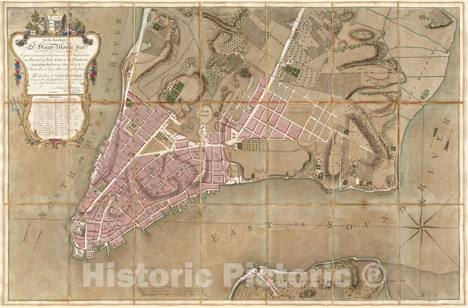 Historical Map, 1769 to His Excellency Sr. Henry Moore, Bart, Captain General and governour in Chief in & Over The Province of New York, Vintage Wall Art