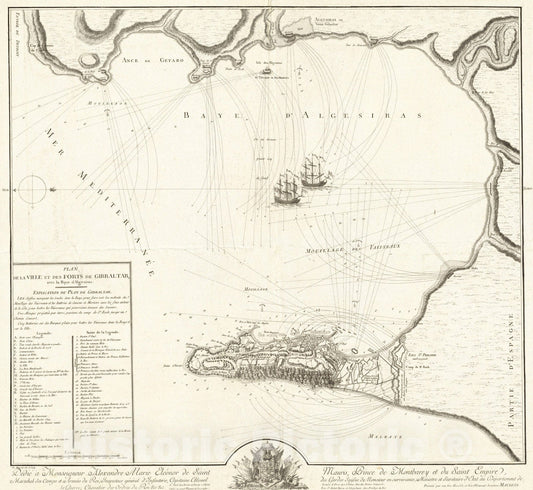 Historical Map, 1782 Plan de la Ville et des forts de Gibraltar, avec la Baye d'Algesiras, Vintage Wall Art