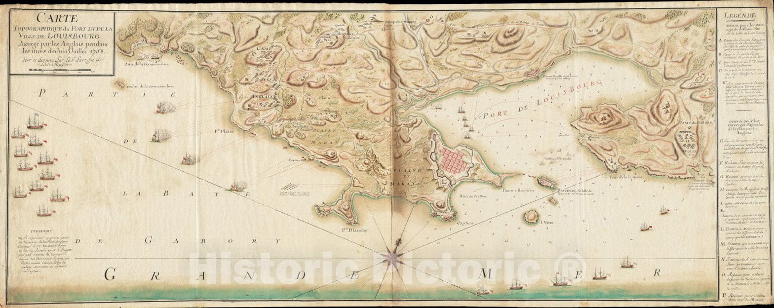 Historical Map, Carte topographique du Port et de la Ville de Louisbourg, Assiege par les Anglais Pendant les Mois de Juin, Juillet 1758, Vintage Wall Art