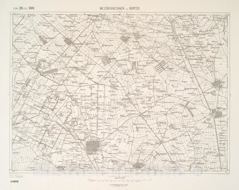 Historic 1912 Map - Mezokovacshaza Und Kurtos. - Vintage Wall Art