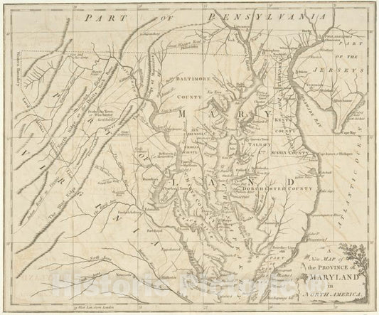 Historic 1780 Map - A New Map Of The Province Of Maryland In North America. - Maryland - Delawaremaps Of North America. - Maryland - Vintage Wall Art