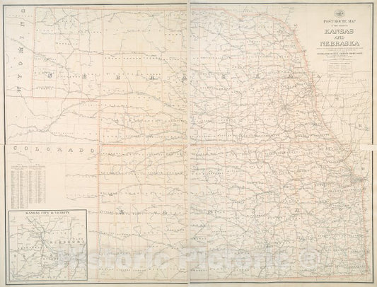Historic 1900 Map - Post Route Map Of The States Of Kansas And Nebraska : Showing Po - Kansas - Nebraskamaps Of North America. - Vintage Wall Art