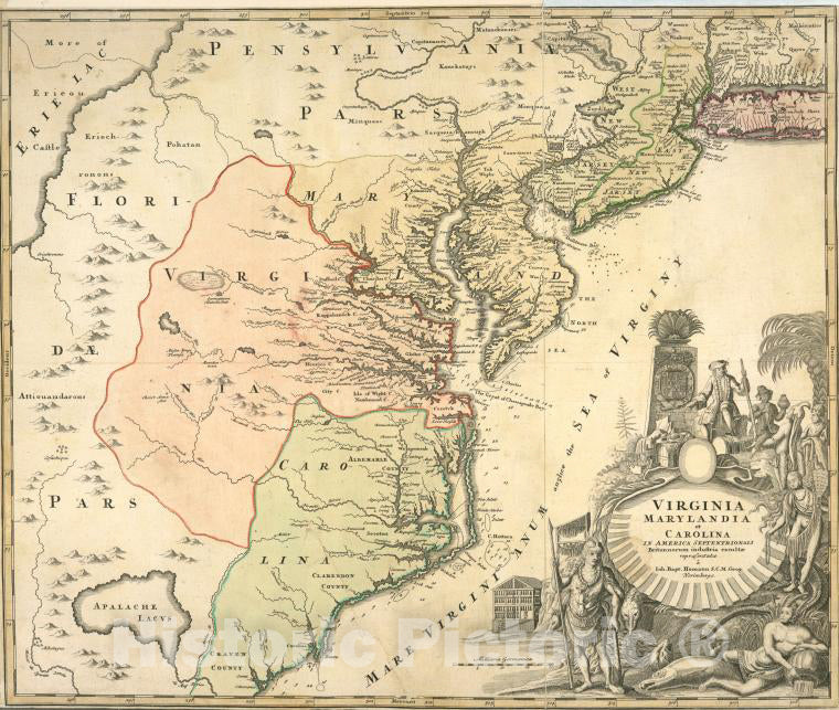 Historic Map - C1722 Virginia, Marylandia Et Carolina In America Septentrionali Britannorum Industria Excultae - Vintage Wall Art