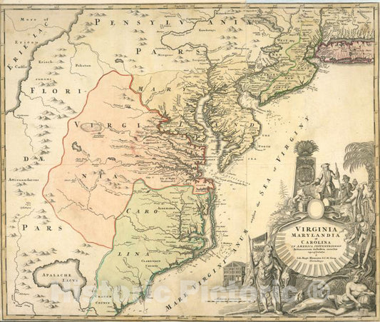 Historic Map - C1722 Virginia, Marylandia Et Carolina In America Septentrionali Britannorum Industria Excultae - Vintage Wall Art