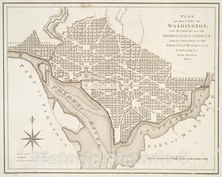 Historic Map - 1793 Plan Of The City Of Washington, And Established As The Permanent Residence Of Congress After The Year 1800 - Vintage Wall Art